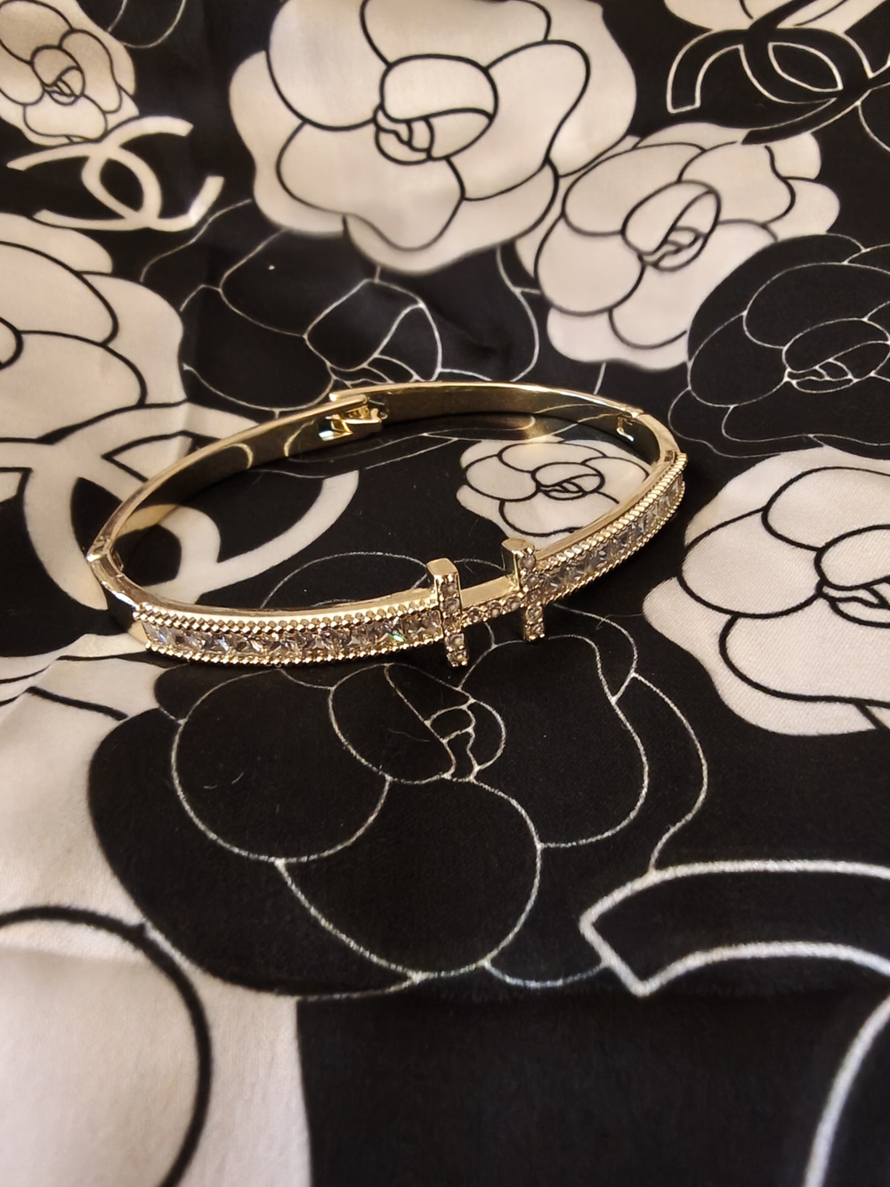 Gold Crystal H Cross Accent Bangle Bracelet - Sparkling Gold Women's Bracelet